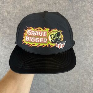 Vintage Speedway GRAVE DIGGER Monster Truck Hat SnapBack Hot Rod Flames Logo 80s